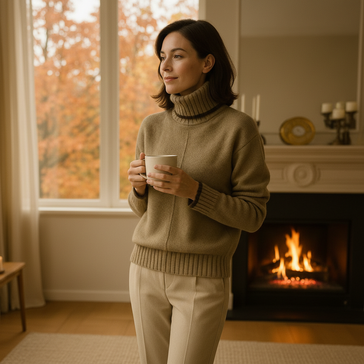 Elegant women's cashmere blend knit pullover with stand-up collar, perfect for autumn winter fashion