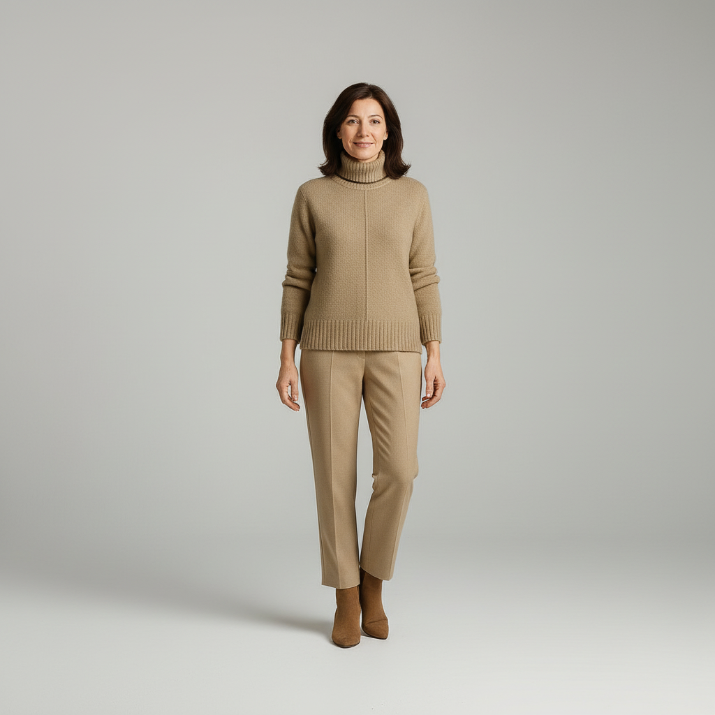 Warm and elegant women's autumn winter knit pullover, cozy cashmere blend with stand-up collar