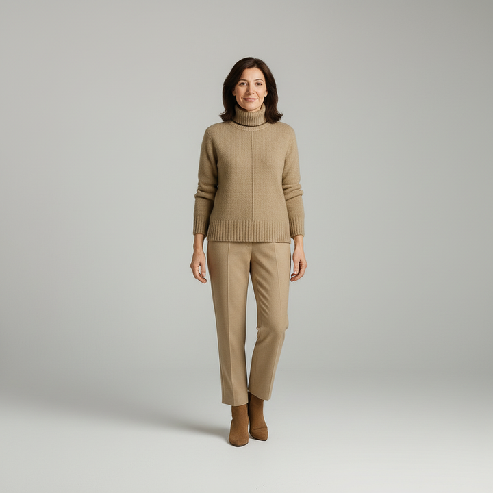 Warm and elegant women's autumn winter knit pullover, cozy cashmere blend with stand-up collar