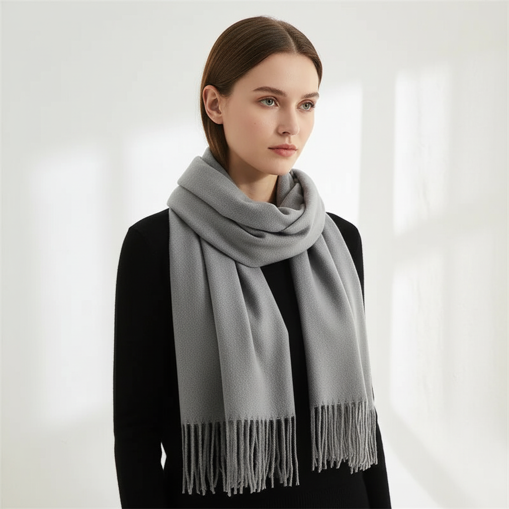 Beautifully draped women's fringed cashmere blend scarf, a must-have for winter fashion.