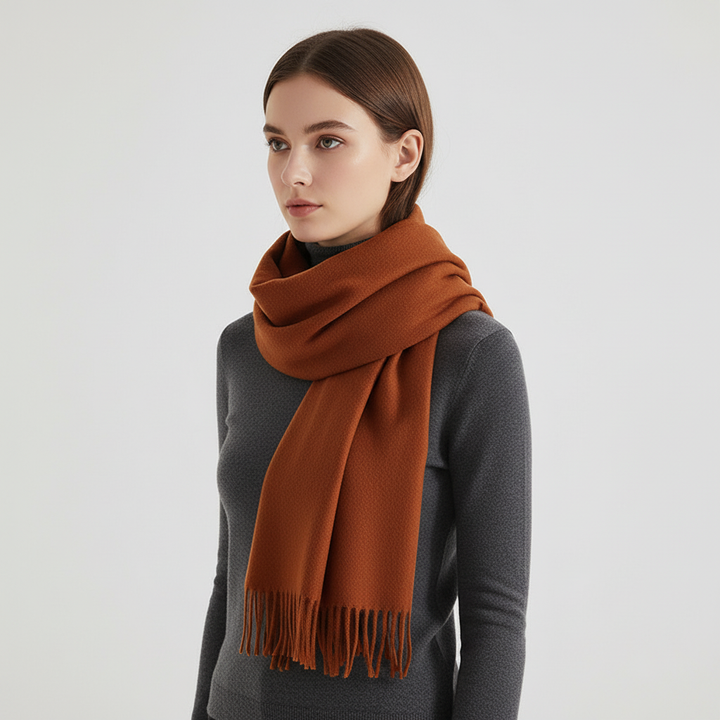 High-quality women's cashmere blend scarf, soft to the touch with stylish fringed edges.