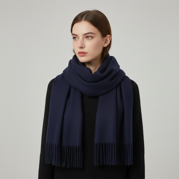 Luxurious cashmere blend scarf for women, featuring a fringed hem, perfect winter accessory.