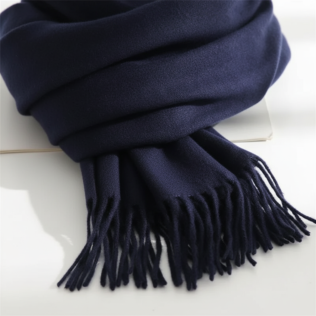 Soft women's fringed cashmere blend scarf in a neutral color, ideal for warmth and style.