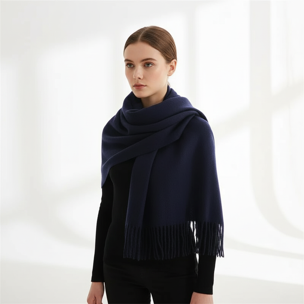 Stylish cashmere blend fringed scarf, a soft and warm winter accessory for women.
