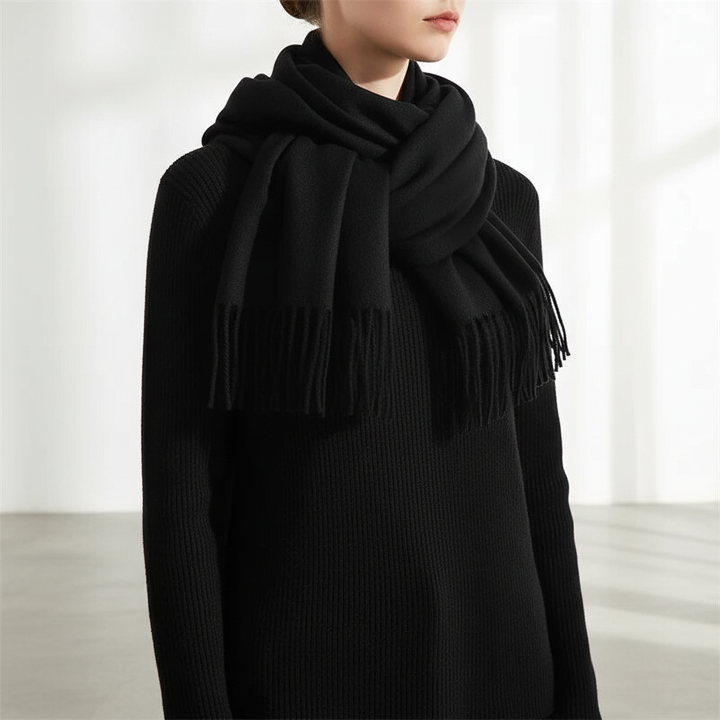 Elegant women's winter scarf, cashmere blend with delicate fringes for extra style.