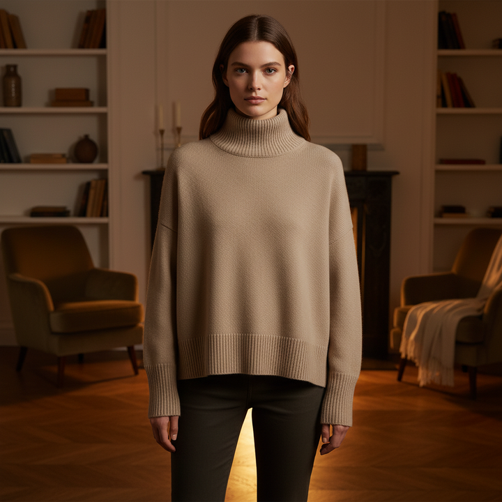 Elegant women's cashmere blend turtleneck sweater in classic style, perfect for winter and office wear