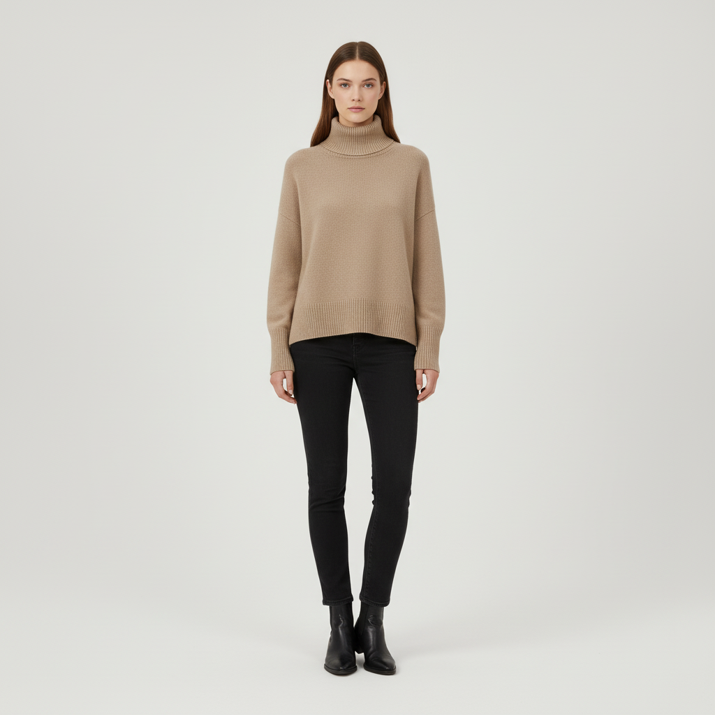 Classic women's turtleneck sweater made from a cashmere blend, showcasing elegant and soft knitwear