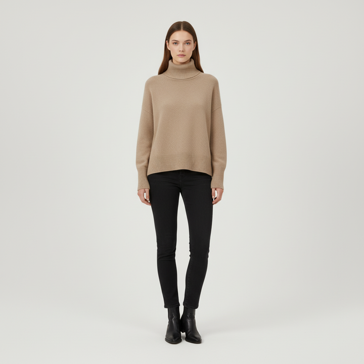 Classic women's turtleneck sweater made from a cashmere blend, showcasing elegant and soft knitwear