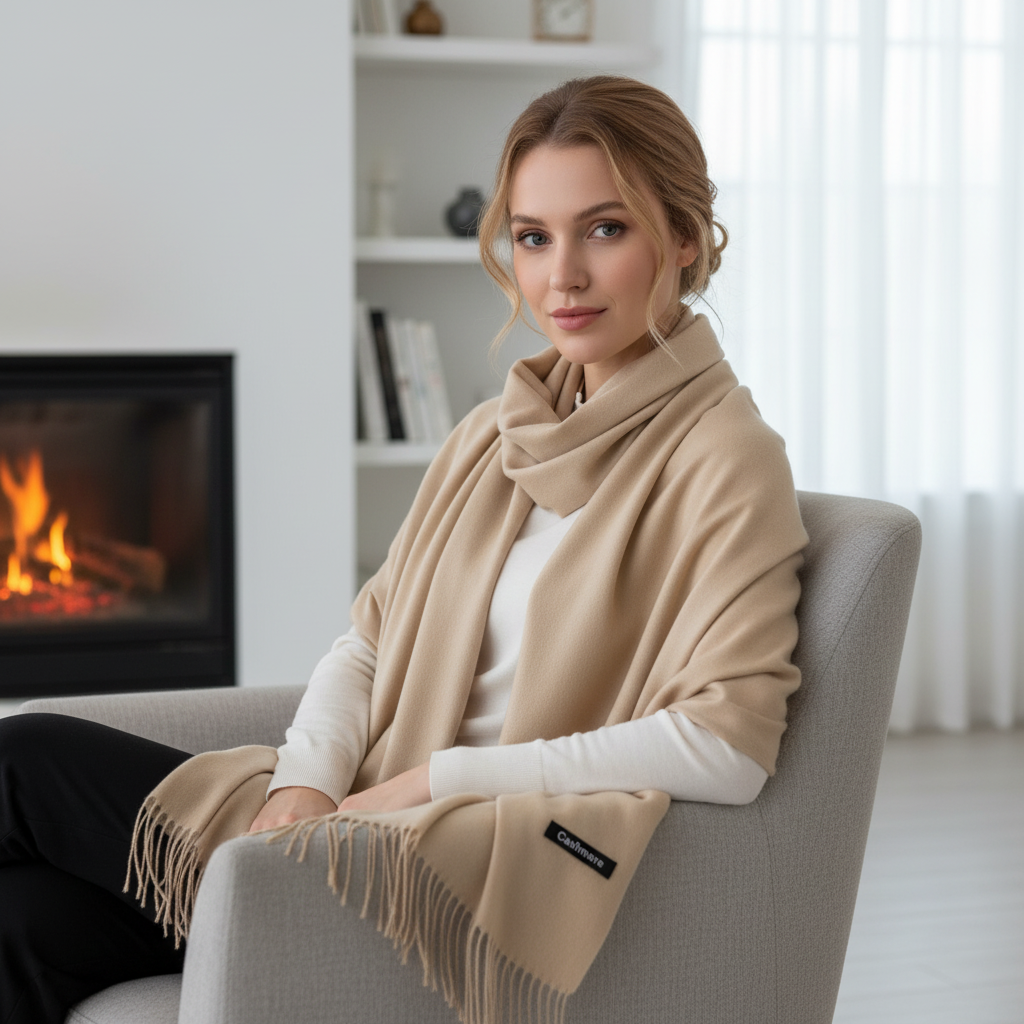 Elegant women's cashmere blend winter scarf, soft and oversized in a luxurious knit, perfect for cold weather
