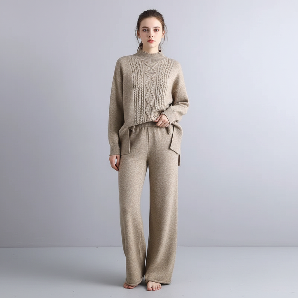 Luxurious two-piece women's cashmere set with wide-leg pants and matching top, casual chic