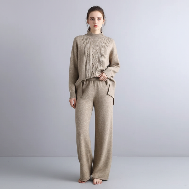Luxurious two-piece women's cashmere set with wide-leg pants and matching top, casual chic