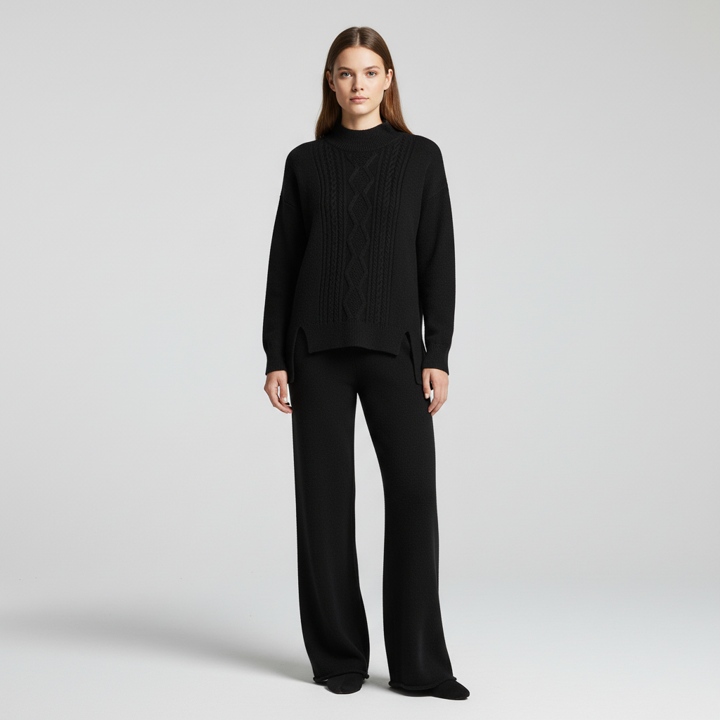 Soft knit cashmere lounge set for women, Marina, with wide-leg pants, perfect for elegant comfort