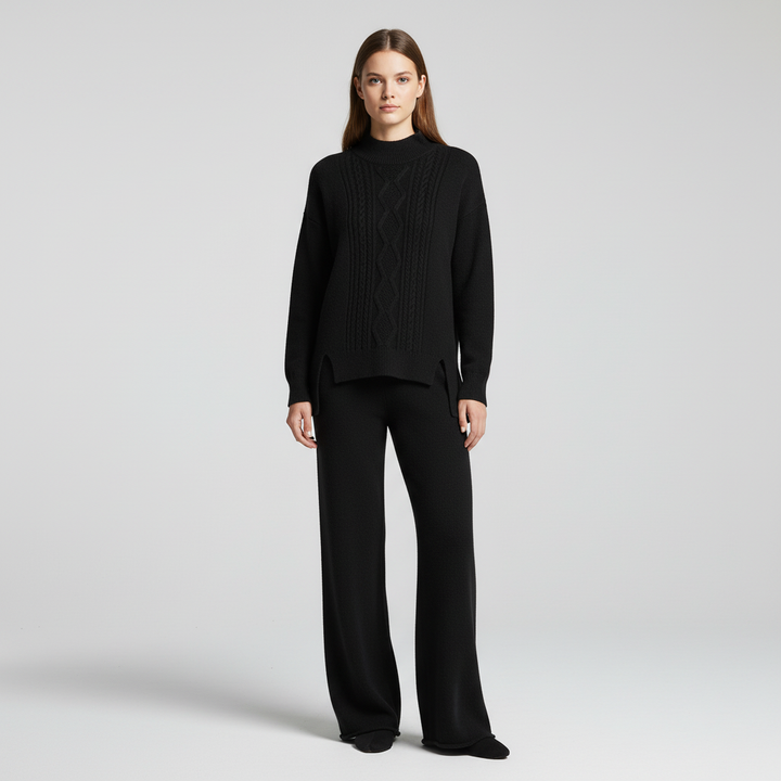 Soft knit cashmere lounge set for women, Marina, with wide-leg pants, perfect for elegant comfort