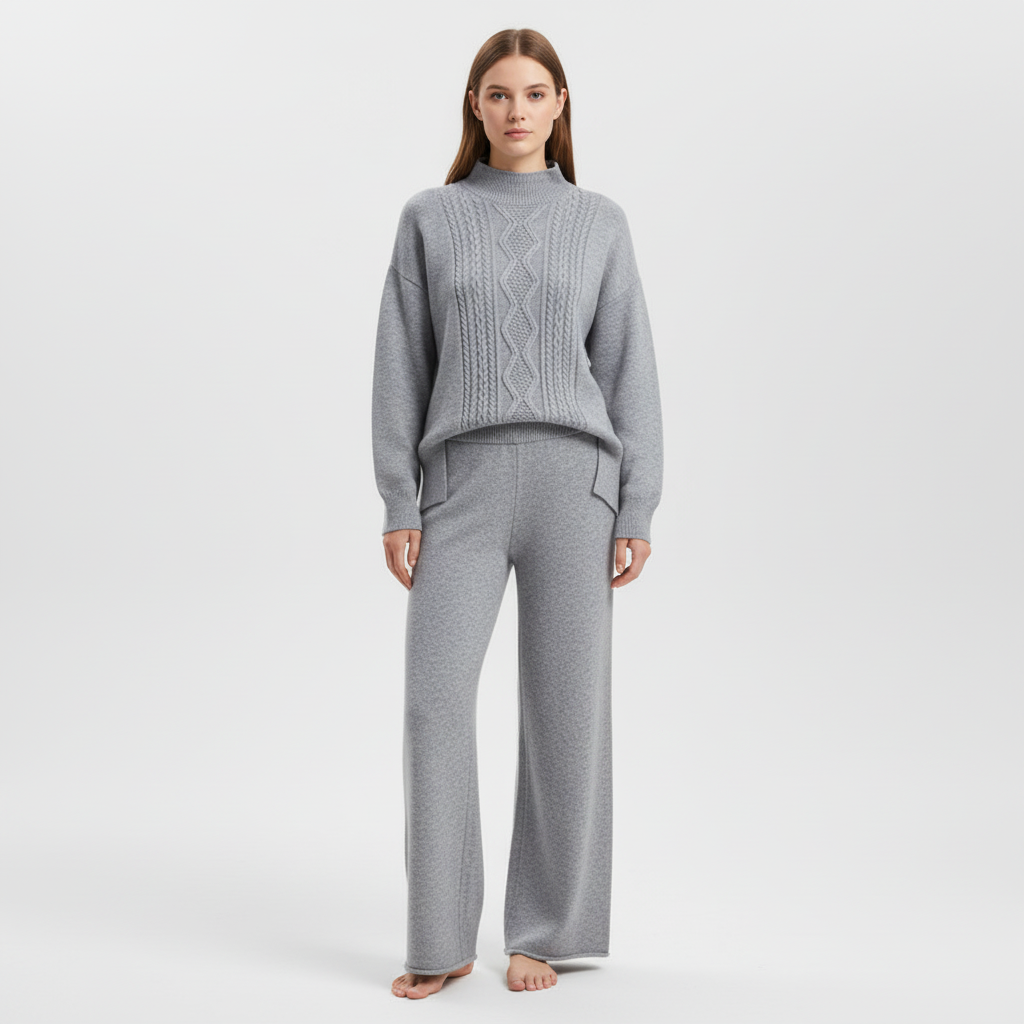 Chic women's two-piece cashmere outfit, Marina, ideal for luxurious lounge wear and winter fashion