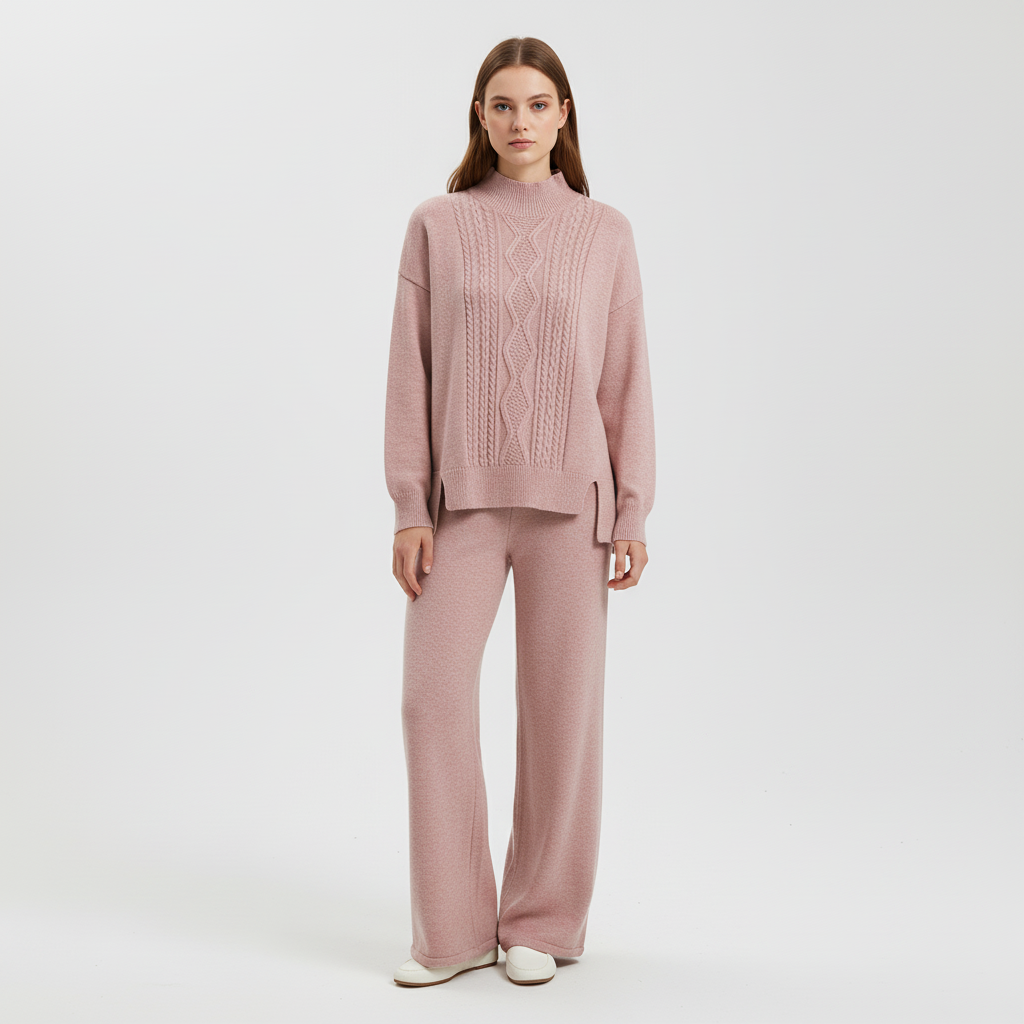Women's Marina cashmere set, embodying elegant comfort with its soft knit and wide-leg design