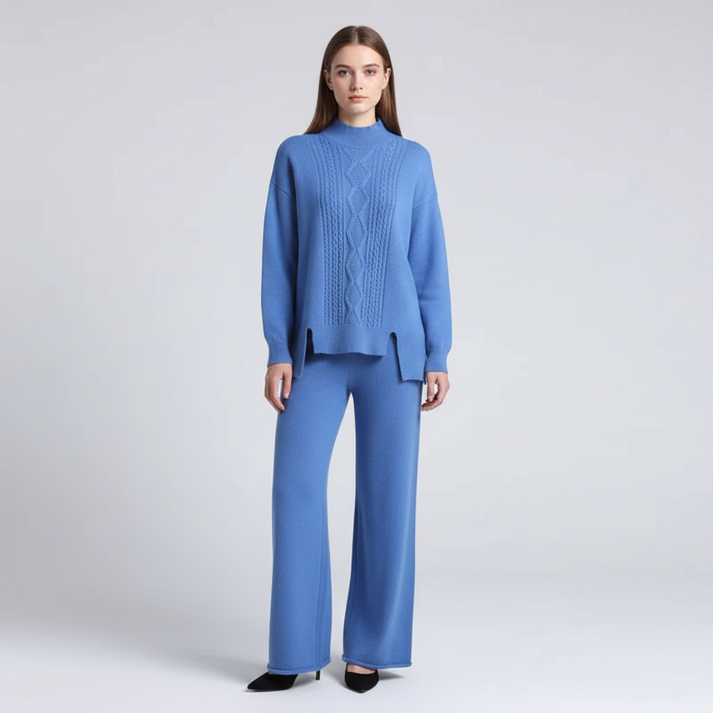 Premium women's cashmere lounge wear by Marina, a stylish two-piece set for ultimate relaxation