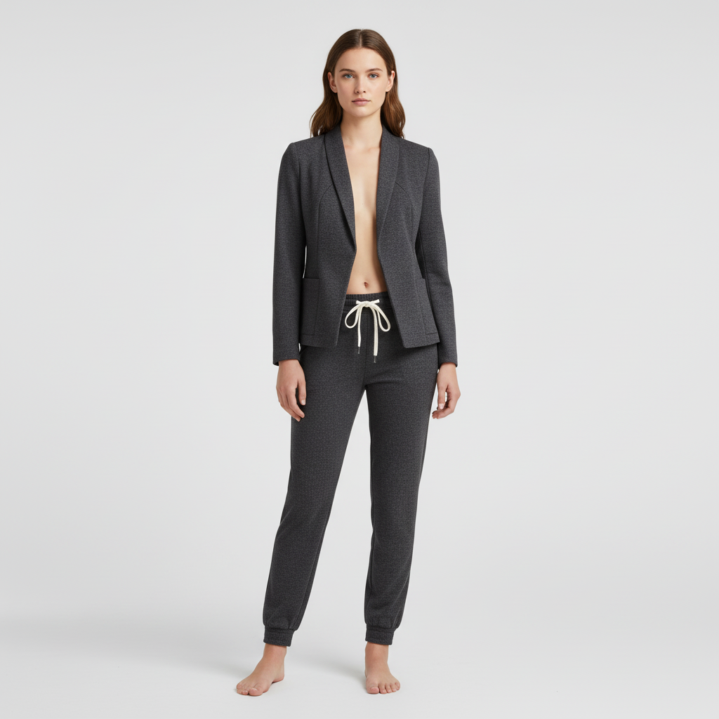 Front view of women's casual blazer and matching trousers, an elegant and easy-care two-piece outfit