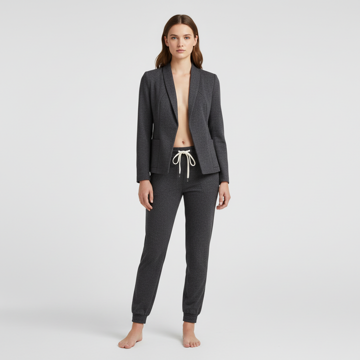 Front view of women's casual blazer and matching trousers, an elegant and easy-care two-piece outfit