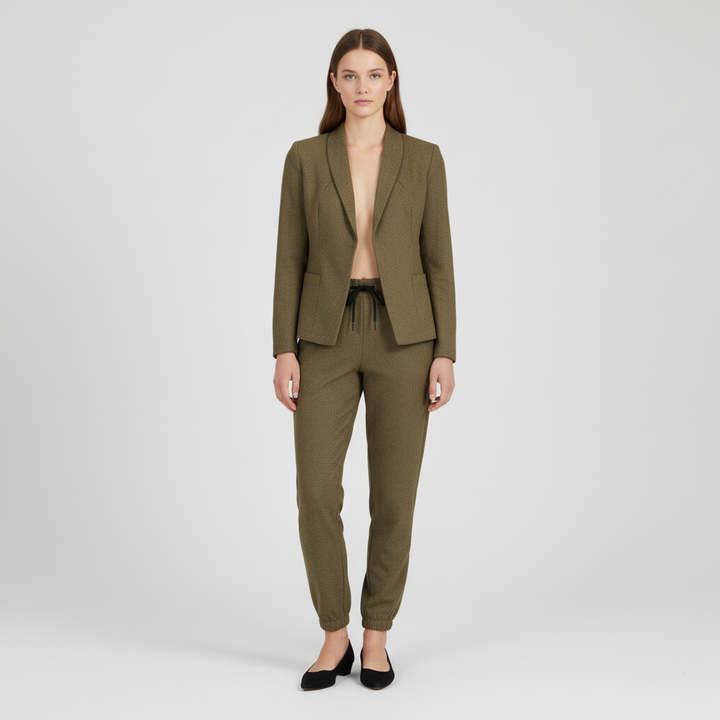 Close-up of the fabric detail on the Jessica women's casual blazer and trousers set, comfortable feel