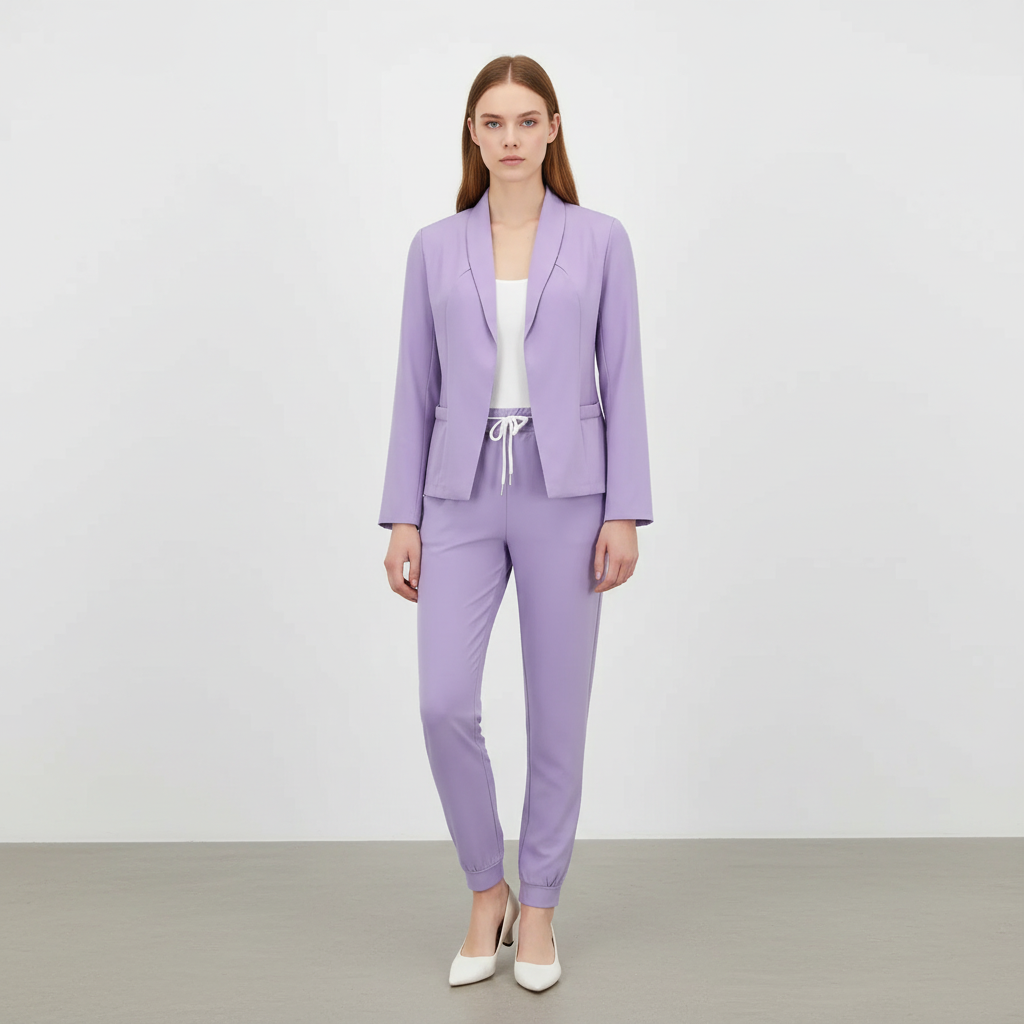 Women's versatile blazer and trousers set styled for a casual day, embodying modern fashion