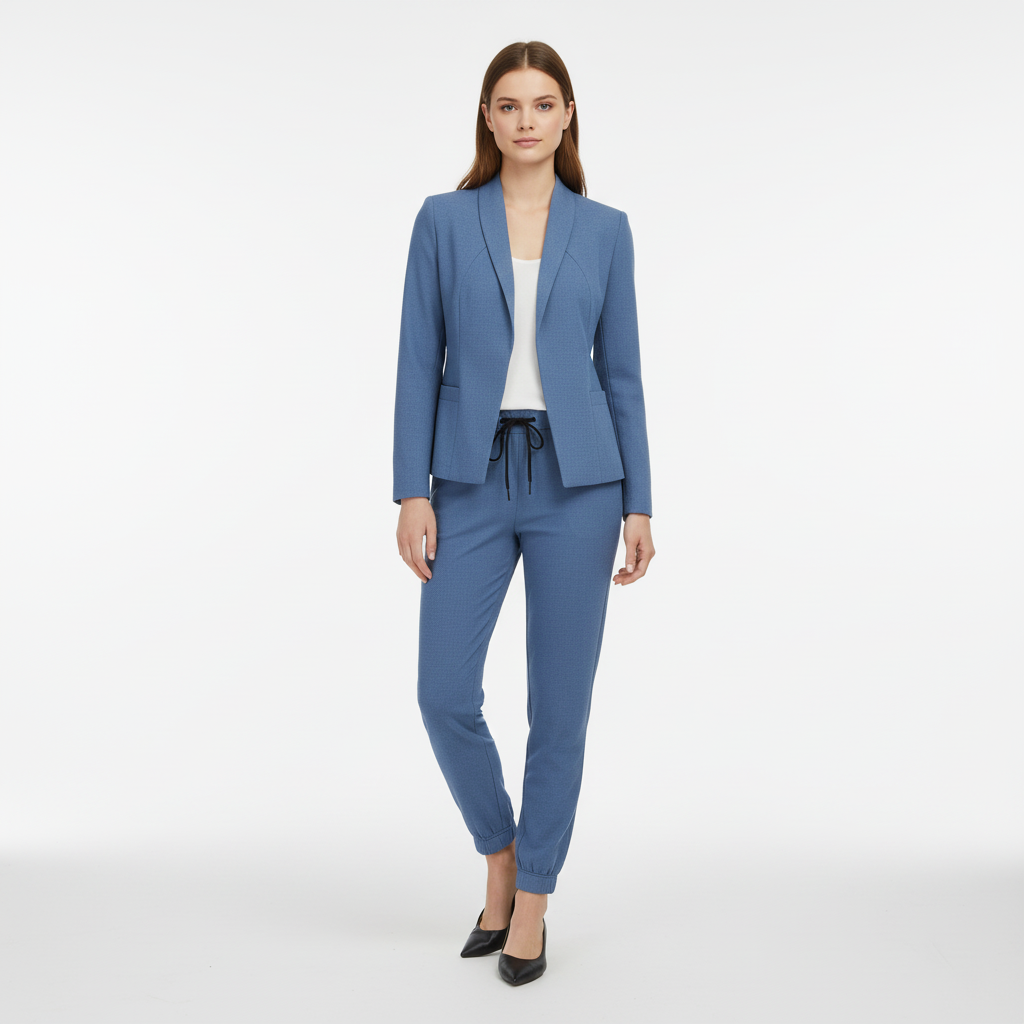 Back view of women's elegant blazer and trouser set, showcasing a flattering fit, stretch fabric