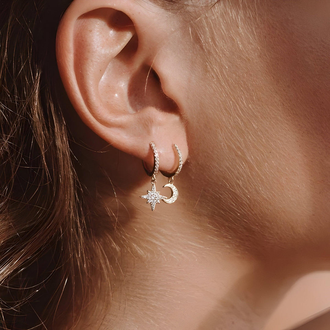 Stunning women's celestial sparkle drop earrings, mimicking a starry sky. Ideal elegant fashion jewelry for her.