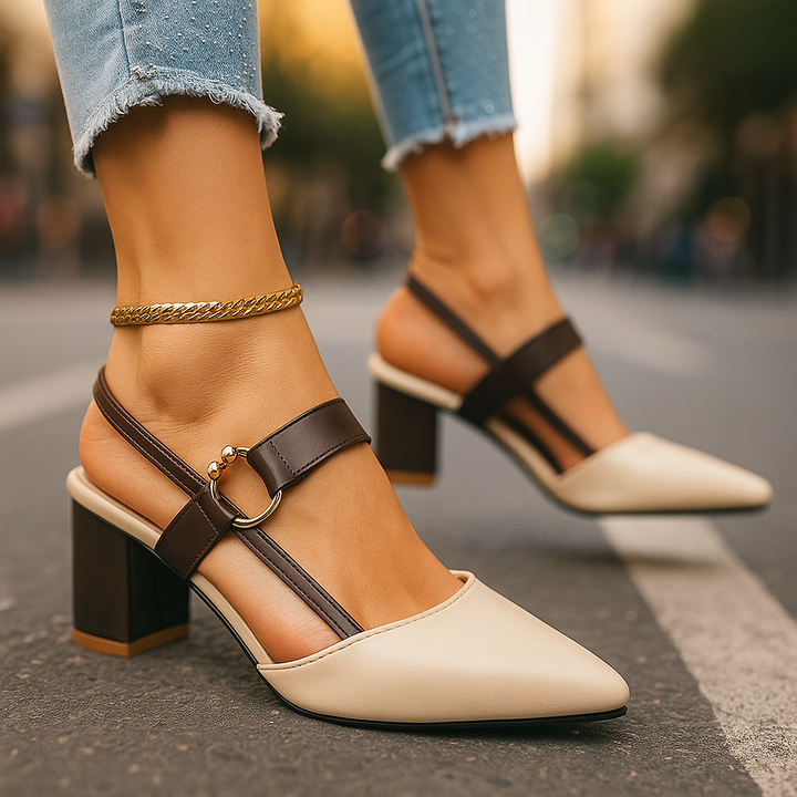 Elegant women's chic block heels, versatile day-to-evening footwear with a stylish gold ring.