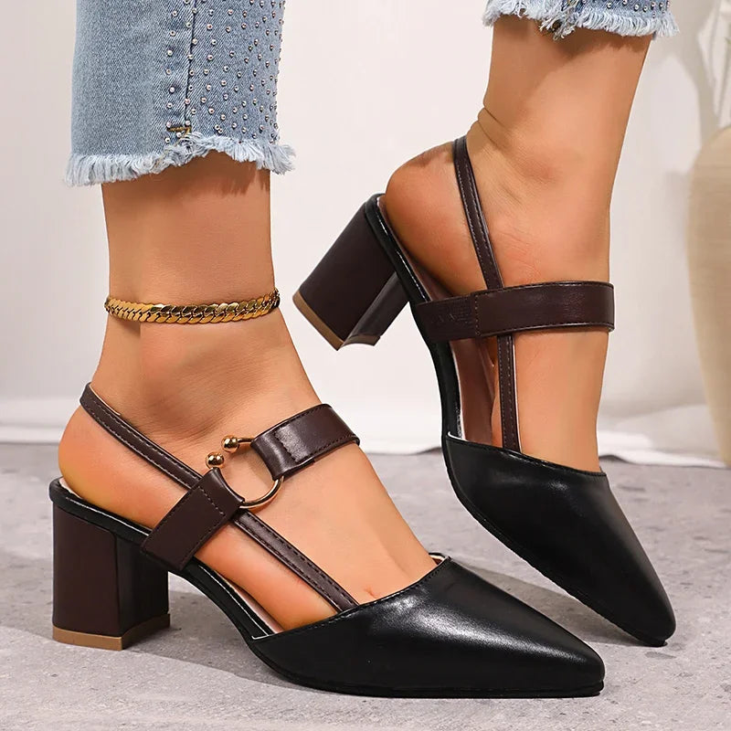 Women's chic brown block heels featuring a luxurious gold ring, elegant day-to-evening footwear.