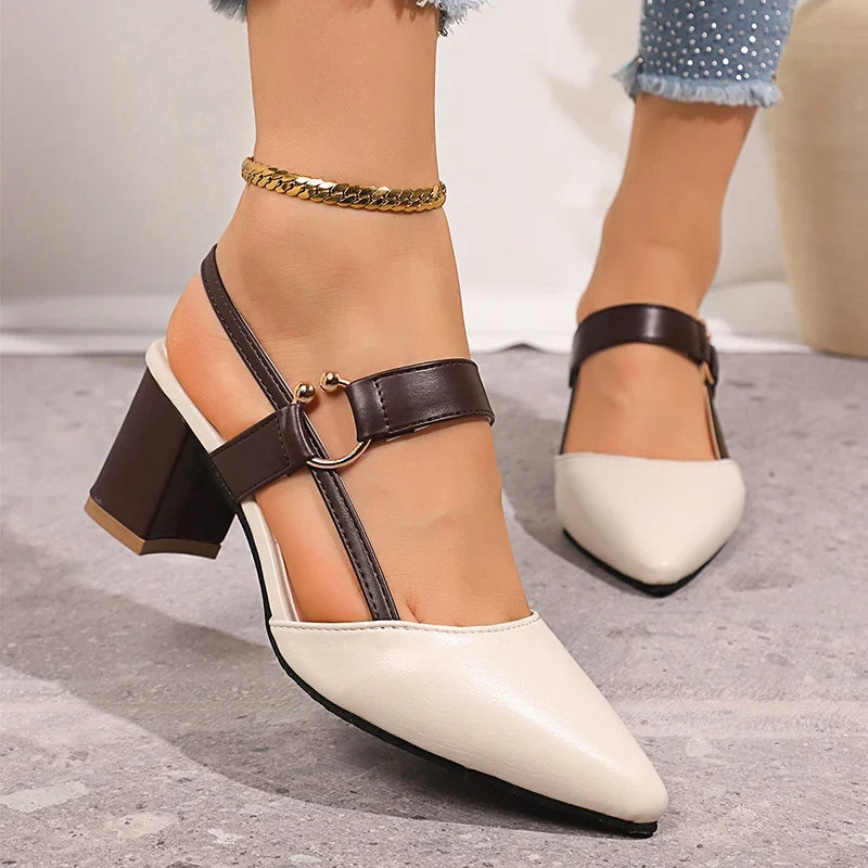 Versatile beige women's block heels, chic slip-on style for elegant day to evening wear. Fashion footwear.