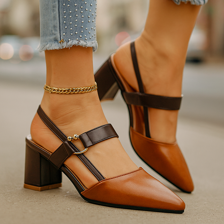 Brown women's block heels with chic gold ring accent, perfect for versatile day-to-evening elegance.