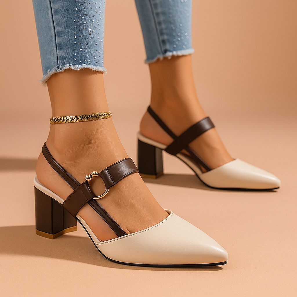 Chic women's evening wear block heels, elegant design with a stylish gold ring accent. Perfect for fashion.