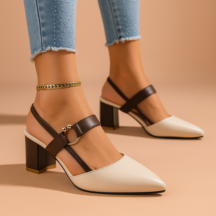 Chic women's evening wear block heels, elegant design with a stylish gold ring accent. Perfect for fashion.