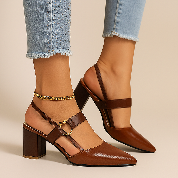 Stylish women's slip-on block heels, elegant and chic for any occasion, featuring a bold gold ring.