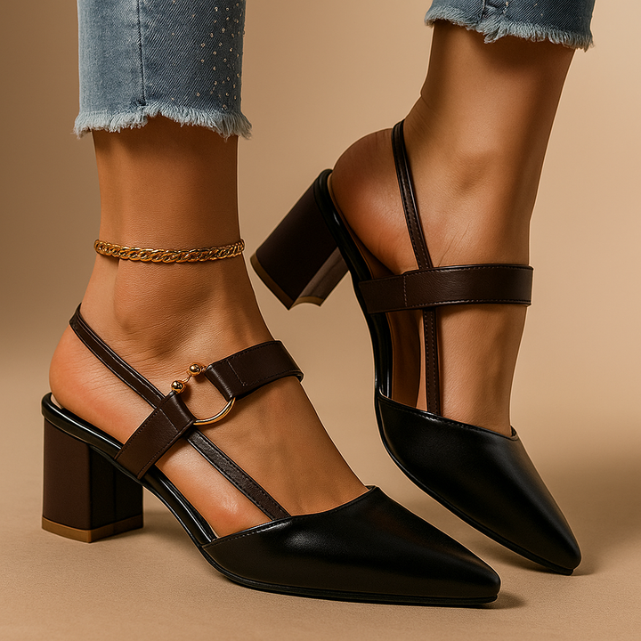 Versatile women's block heels, chic brown fashion footwear with an elegant gold ring. Day to evening style.