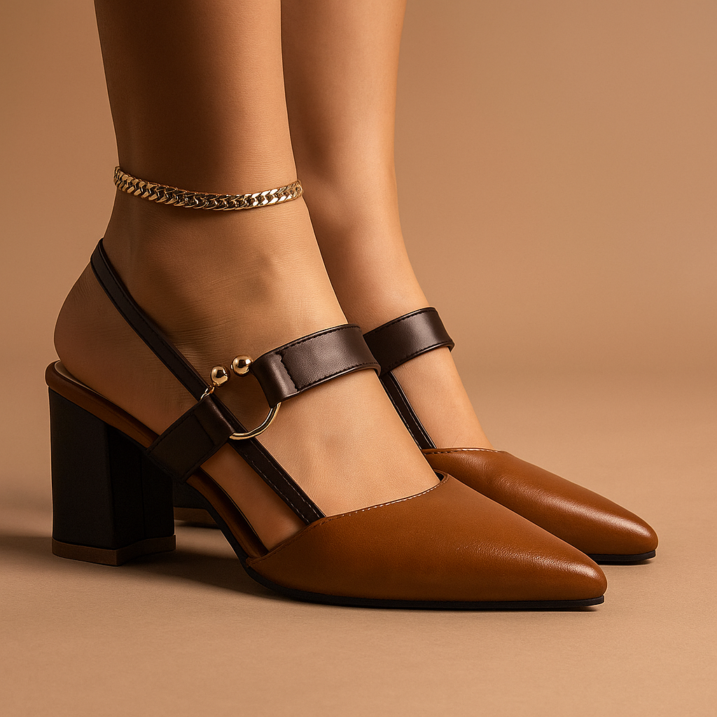 Women's chic ring heels, elegant black block heel footwear for day or evening. Slip-on and fashionable.
