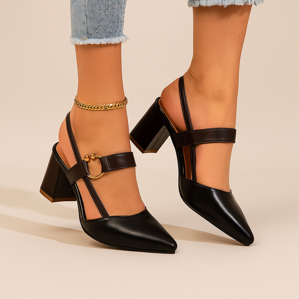 Fashionable women's block heels, versatile chic footwear for day to evening elegance. Gold ring accent.