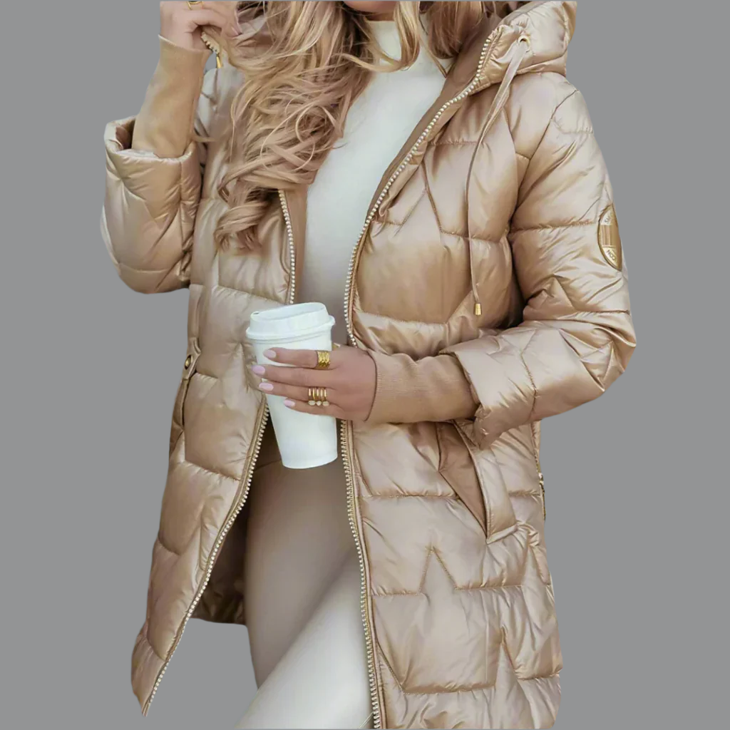 Elegant women's chic quilted autumn jacket with a hood, perfect lightweight outerwear for fall fashion.