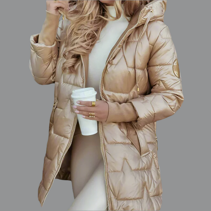 Elegant women's chic quilted autumn jacket with a hood, perfect lightweight outerwear for fall fashion.