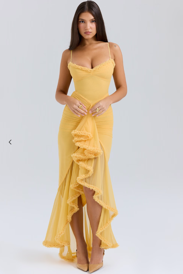 Elegant Women's Chic Ruffle Maxi Wedding Guest Dress. Perfect formal gown for special occasions and summer.