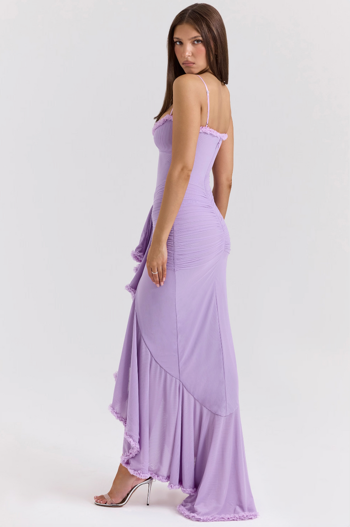 Chic Women's Wedding Guest Maxi Dress with elegant ruffles. Perfect formal evening gown for summer parties.