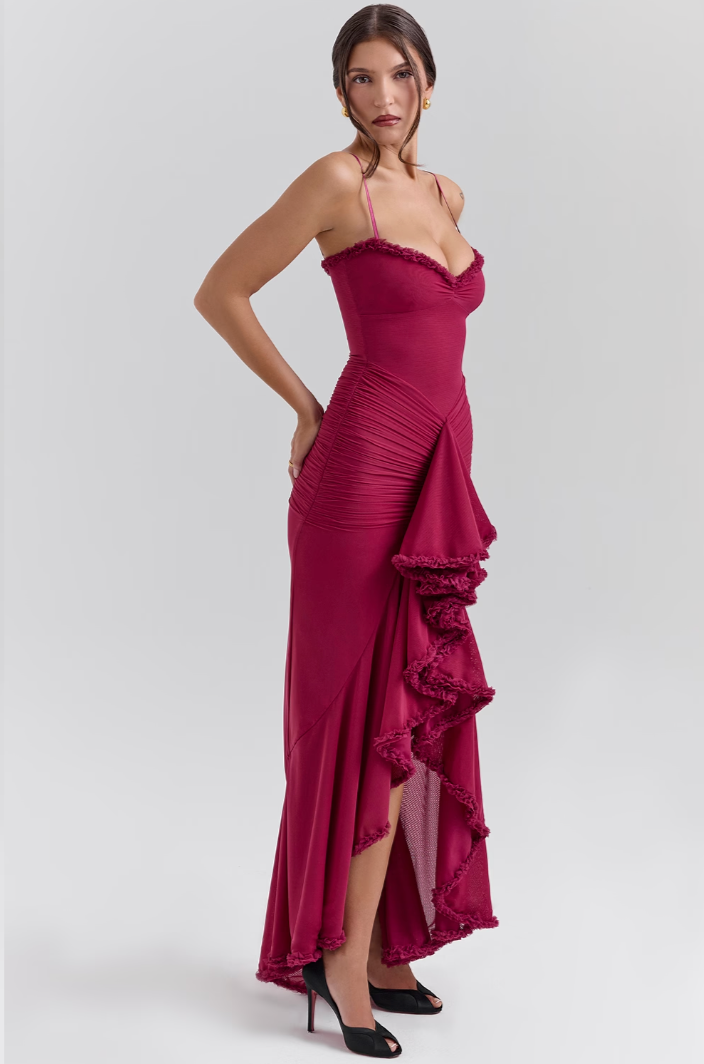 Beautiful Ruffle Maxi Dress for women, ideal as a wedding guest or formal evening gown. Special occasion.