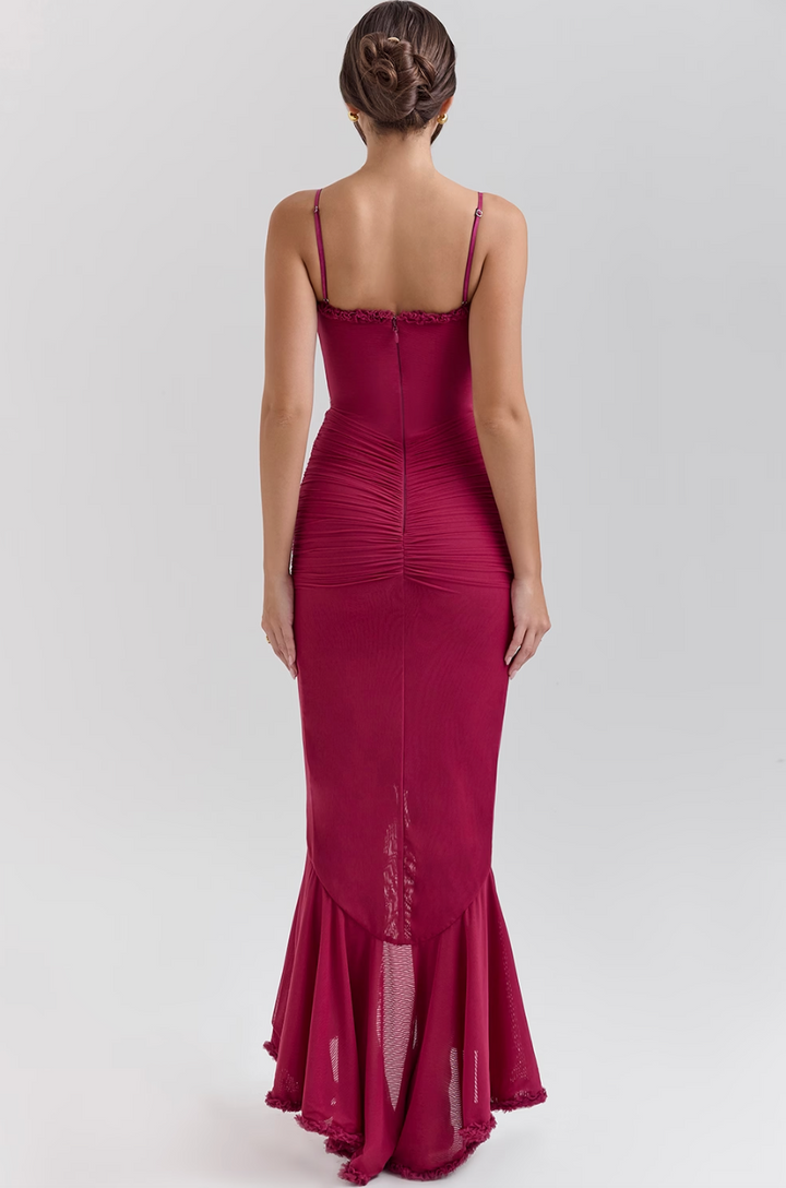 Elegant Women's Formal Ruffle Maxi Dress. A stylish wedding guest gown, perfect for cocktail & party events.