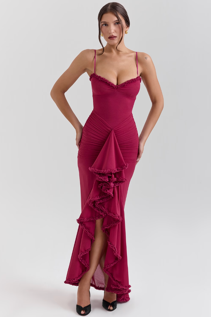 Women's Formal Maxi Ruffle Dress. Stylish wedding guest gown, suitable for cocktail and special occasions.