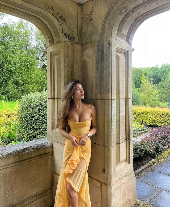 Elegant Women's Maxi Wedding Guest Dress featuring stylish ruffles. Ideal formal gown for evening wear.