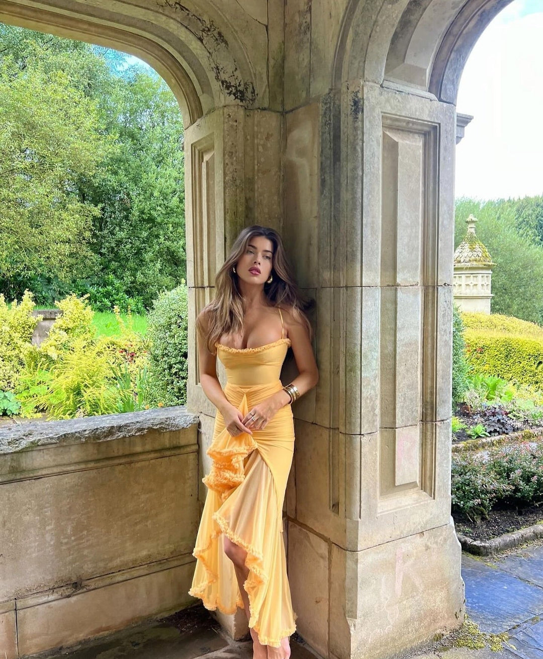 Chic Ruffle Maxi Dress, a versatile wedding guest gown. Perfect women's formal evening or cocktail dress.
