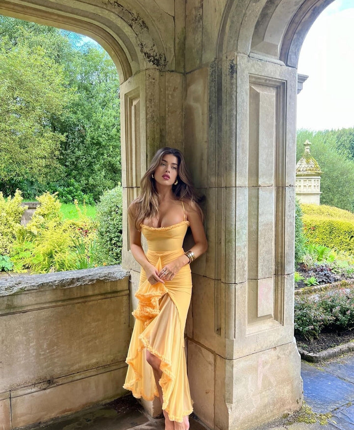 Chic Ruffle Maxi Dress, a versatile wedding guest gown. Perfect women's formal evening or cocktail dress.