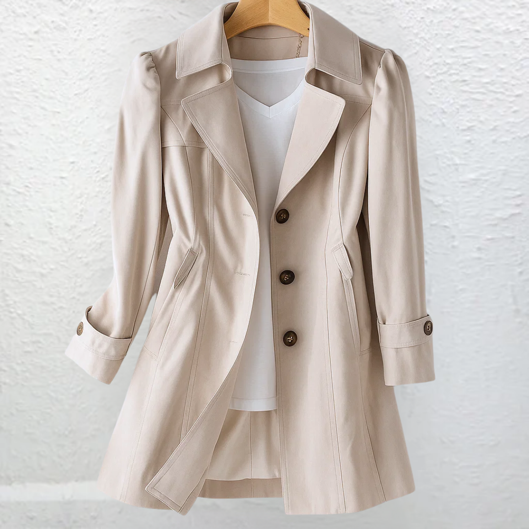 Elegant women's classic belted trench coat in a structured design, perfect for sophisticated fall & spring outerwear.