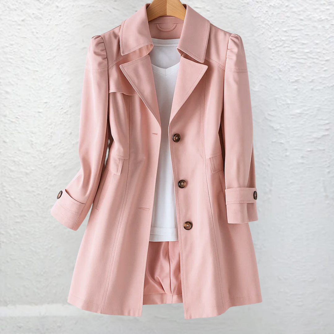 Chic women's trench coat featuring a flattering adjustable belt, notched lapels, and a timeless double-breasted style.