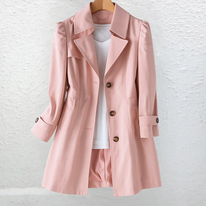 Chic women's trench coat featuring a flattering adjustable belt, notched lapels, and a timeless double-breasted style.