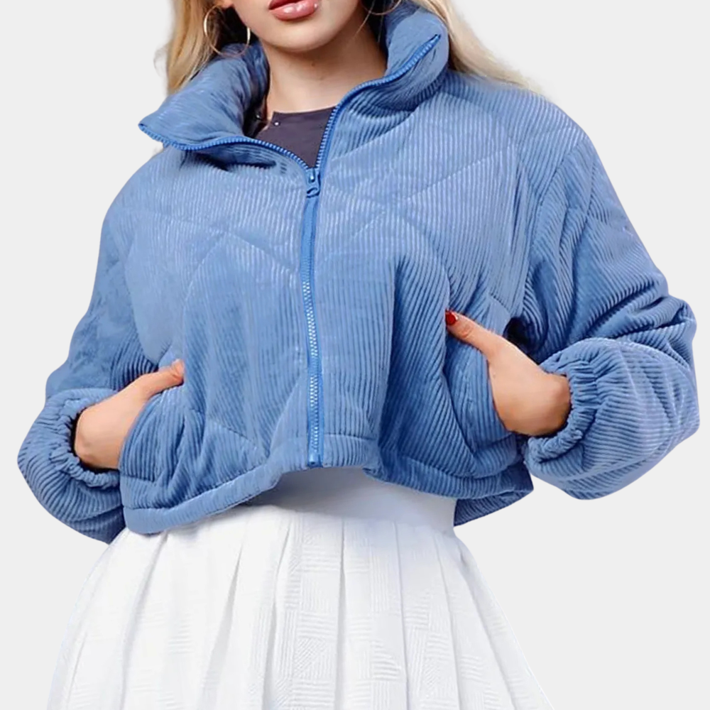 Classic blue women's winter coat, a warm long-sleeve jacket ideal for elegant cold weather fashion.
